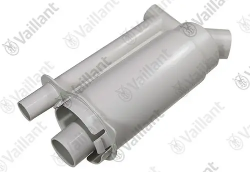 Weißer Siphon von Vaillant mit zwei Anschlussrohren, geeignet für die Installation in Heizungs- oder Sanitärsystemen.